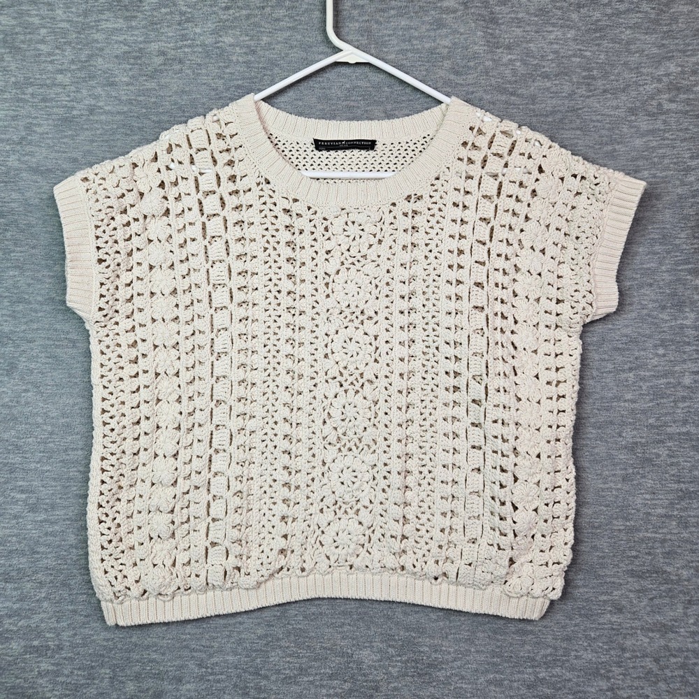 Peruvian Connection Cream Cotton Crochet Knit Short Sleeve Sweater Top Large